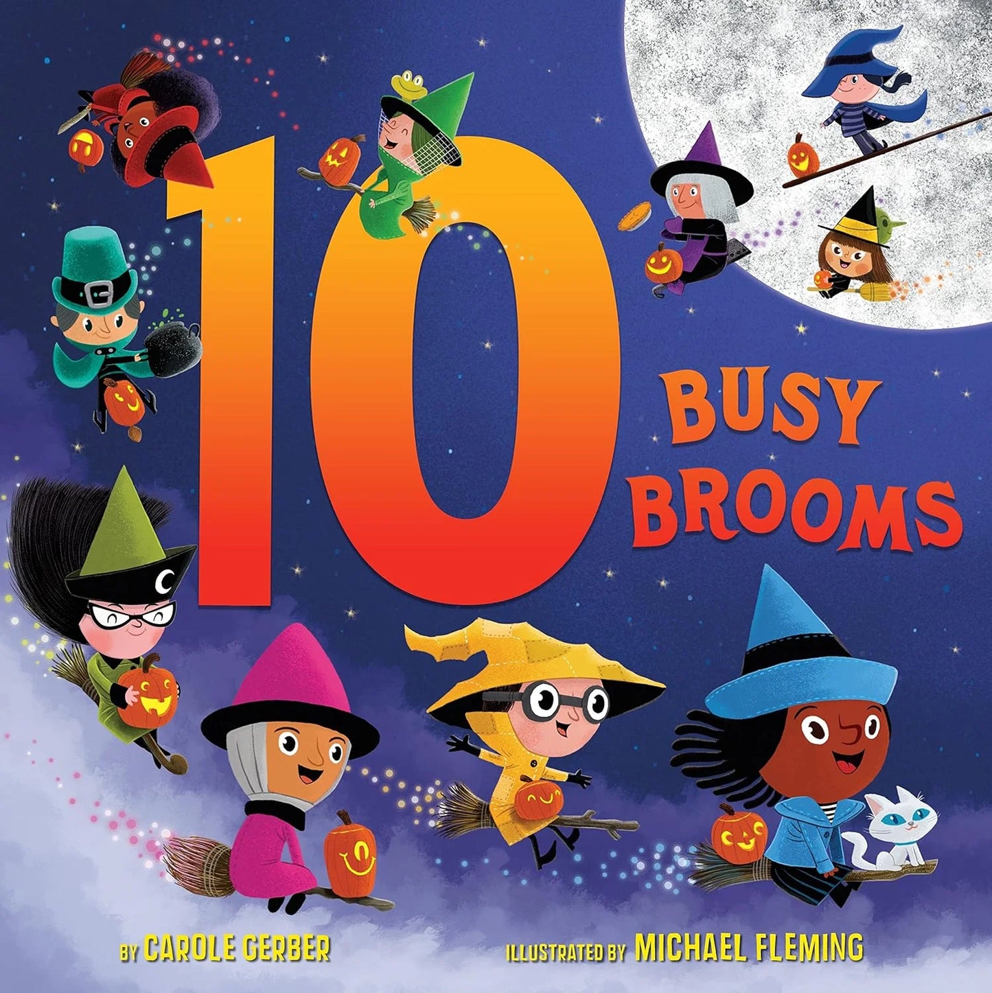 Book cover of '10 Busy Brooms' with colorful illustrations of witches and pumpkins against a night sky.