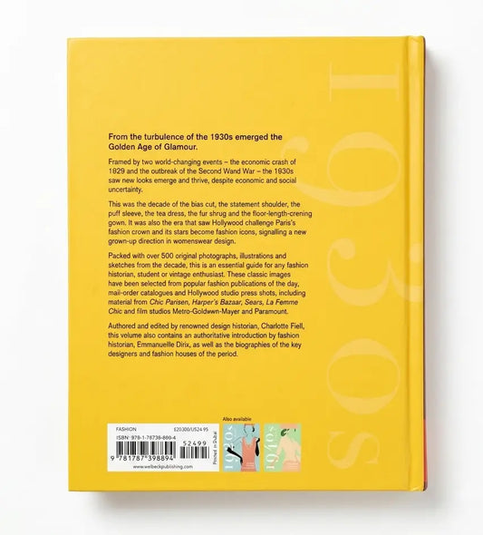 The back cover of a yellow fashion guide book, showing black descriptive text, a barcode, and a small inset photo, photographed against a white background.
