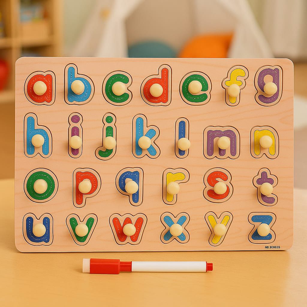 Wooden alphabet puzzle with colorful letters and a marker on a wooden surface.