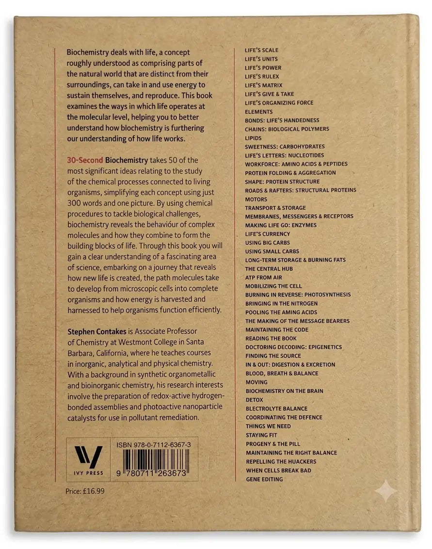 Back cover of a book with text and a logo on a brown background
