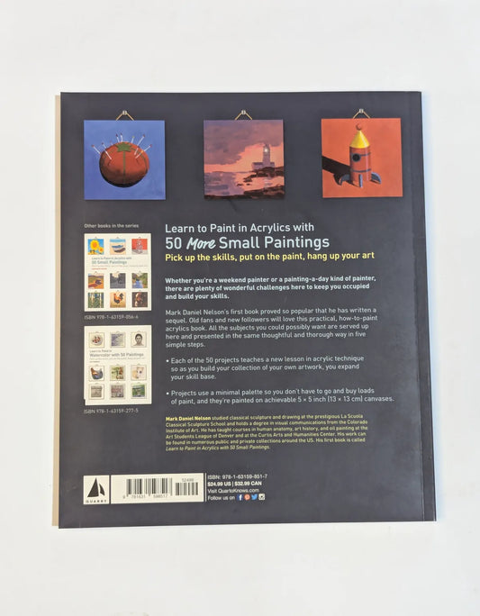 Back cover of a book with text and small painting images on a white background