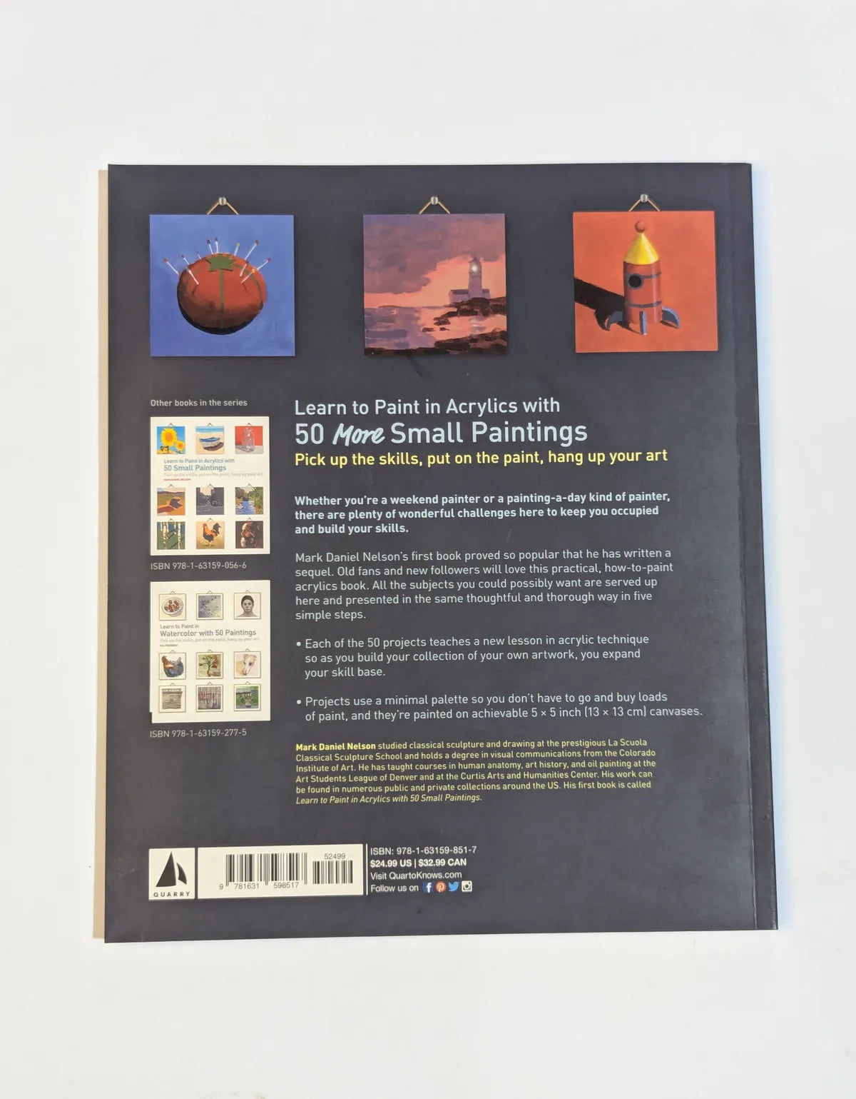 Back cover of a book with text and small painting images on a white background
