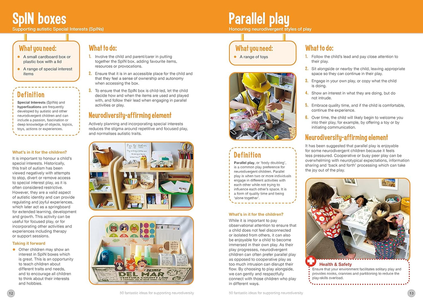 Educational brochure on SpIN boxes and parallel play with images and text.