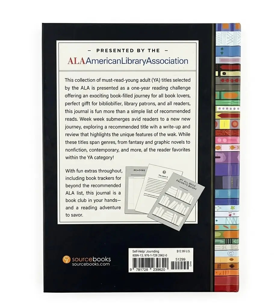Back cover of a book titled 'The ALA American Library Association Collection' with descriptive text, a small inset reading log, and a colorful striped spine or bookmark strip visible along the right edge.