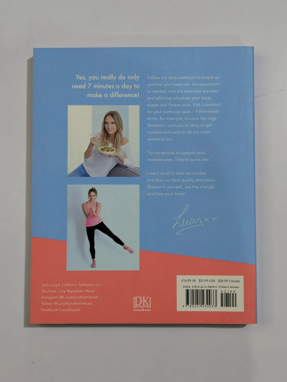 Back cover of a book with images of a woman eating and exercising, and text on a gray background.