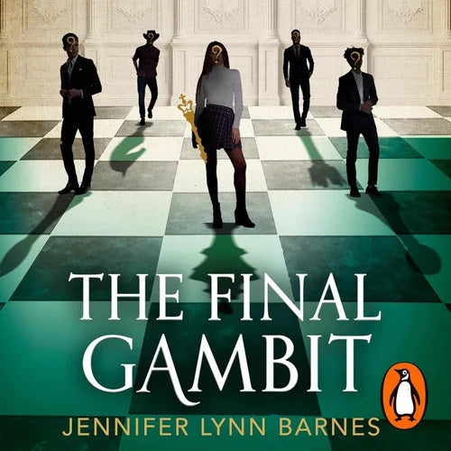 Book cover of 'The Final Gambit' by Jennifer Lynn Barnes featuring a person on a chessboard with five other figures.