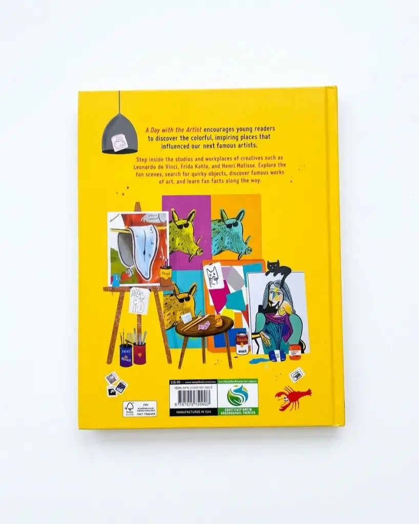 The back cover of a children's book titled 'A Day with the Artist' is shown against a plain white background. The cover is predominantly bright yellow, featuring colorful cartoon illustrations of artists, easels, paintbrushes, and paintings.