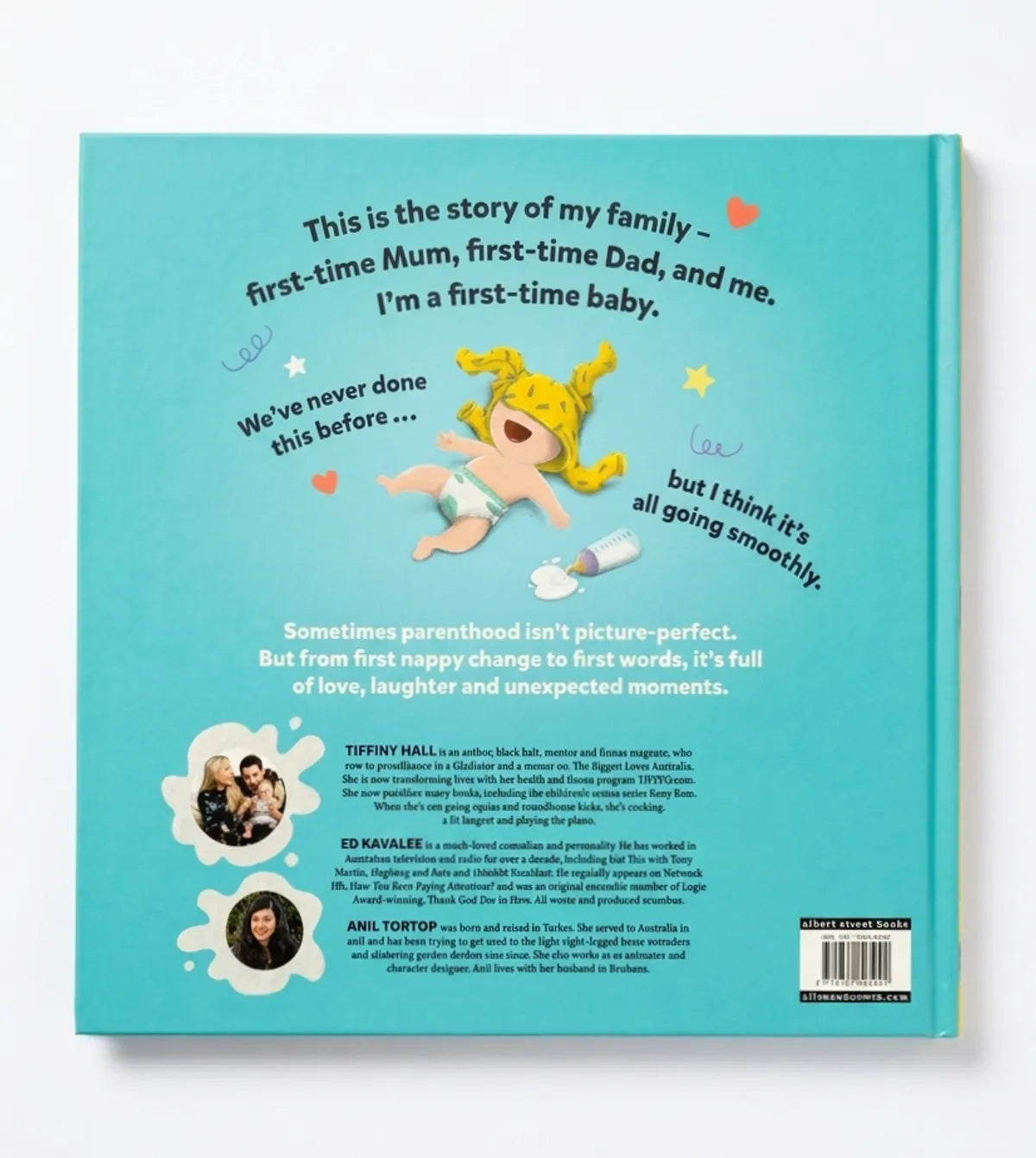 Back cover of a children's book with text and illustrations on a white background