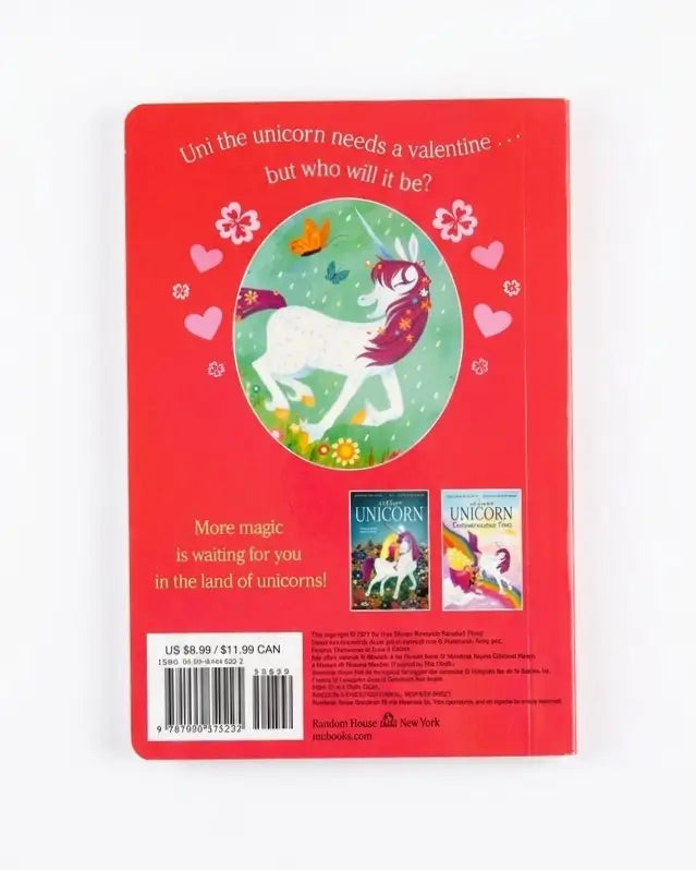 The back cover of the children's book 'Unicorn Needs a Valentine' by Random House, featuring a bright red background with a central illustration of a white unicorn with a pink bow and purple horn, alongside smaller book cover previews and a barcode.