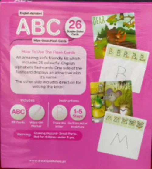 Children's ABC flashcards with pink packaging and illustrations of animals and letters.