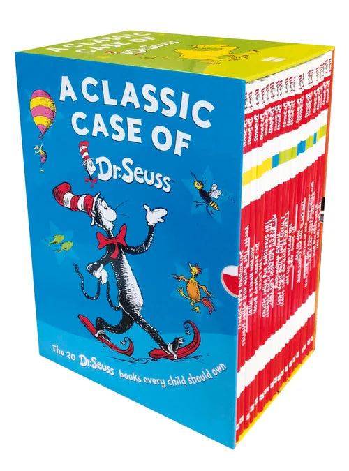 Box set of Dr. Seuss books with colorful packaging featuring a character from the series.
