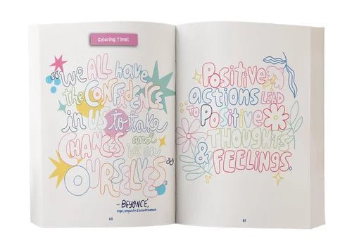 Open book with colorful text and graphics on a white background
