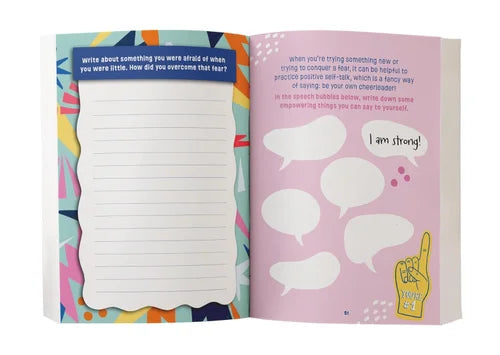 Open book with a colorful cover and text inside, featuring a blank page and speech bubbles.