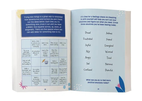 Open book with emotional reflection pages on a white background