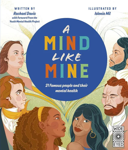 Book cover of 'A Mind Like Mine' with illustrations of people and a blue circle with colorful text.