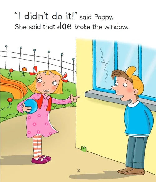 Cartoon scene with a girl and a boy by a window with a broken pane, text indicating a character named Poppy said Joe broke the window.