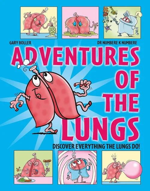 Book cover of 'Adventures of the Lungs' with cartoon lungs and colorful illustrations.
