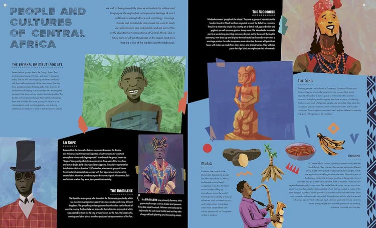 Illustrated book or magazine spread about people and cultures of Central Africa with various characters and text.