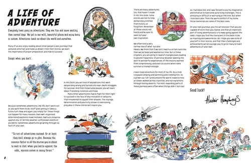 Illustrated book page with text and various illustrations of a life of adventure.