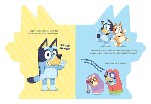 Illustrated book page with cartoon characters from 'Bluey' on a yellow and blue background.