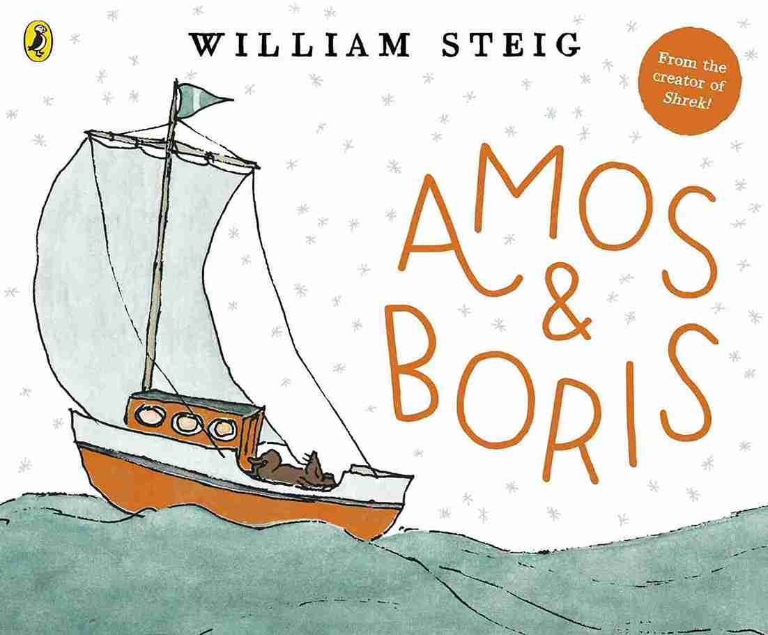 Book cover of 'Amos & Boris' by William Steig with a sailboat illustration.