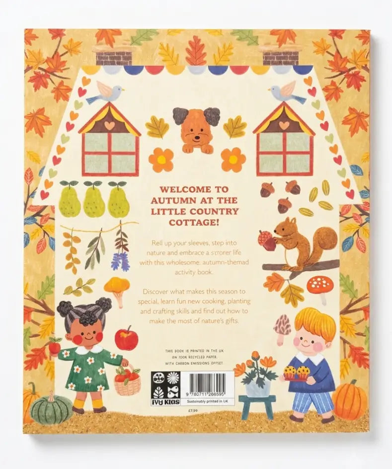 Back cover of a children's book with autumn-themed illustrations and text.