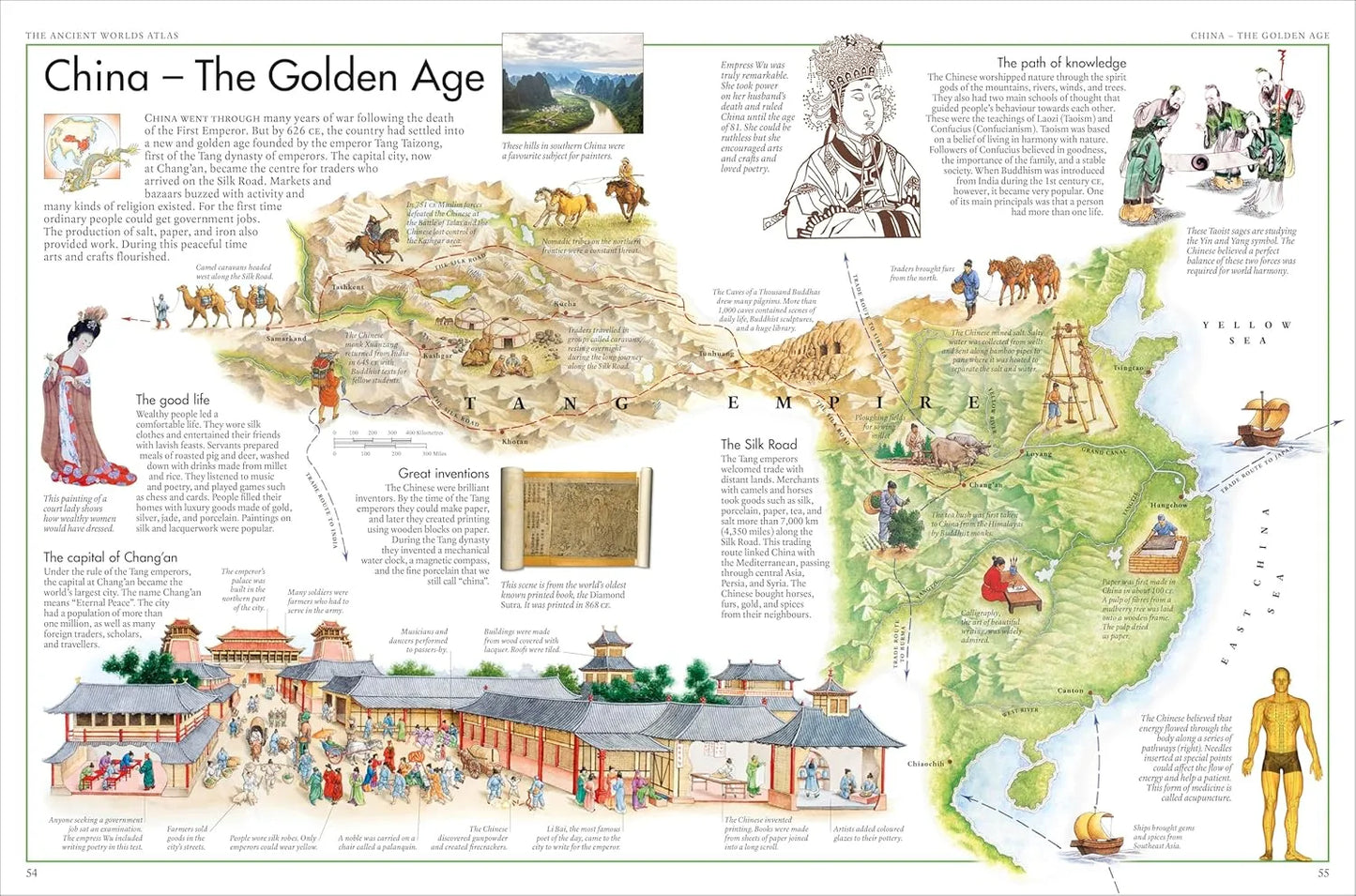 Map of China during the Golden Age with illustrations and text