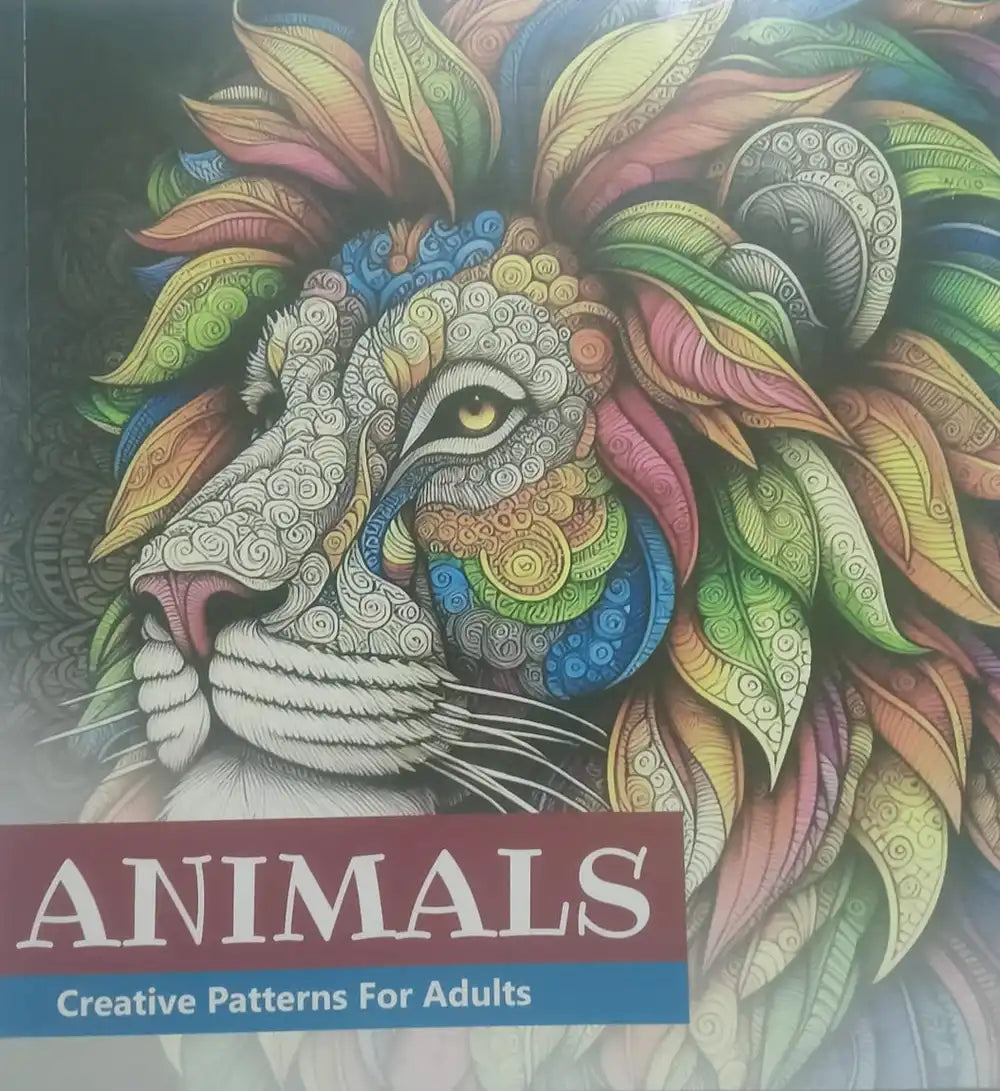 Colorful book cover of 'Animals: Creative Patterns For Adults' with a lion illustration.