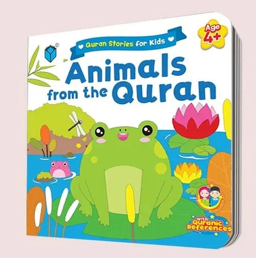 Children's book titled 'Animals from the Quran' with a frog illustration on a pink background