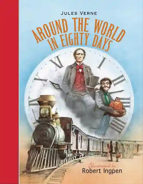 Book cover of 'Around the World in Eighty Days' by Jules Verne, featuring illustrations of two men and a steam train.