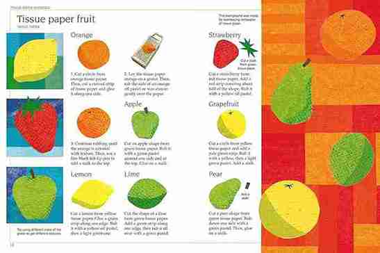 Children's craft activity sheet with tissue paper fruit shapes and instructions.