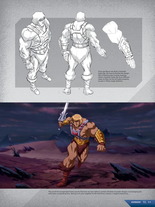 Character design process with initial sketches and final animated character in a desert setting