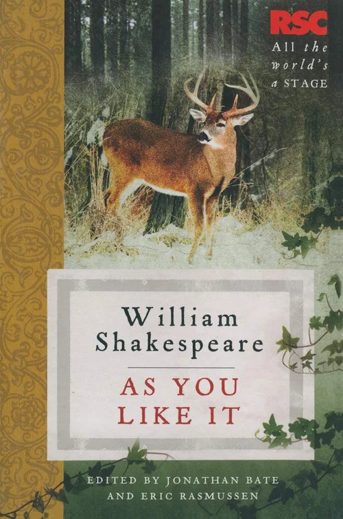 Book cover of 'As You Like It' by William Shakespeare with a deer in a forest scene.