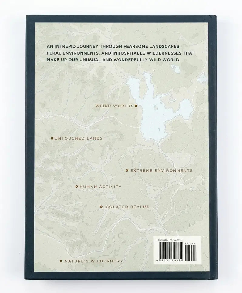The back cover of a book or notebook with a dark navy border, featuring a light beige topographic map design with text labels and a barcode.