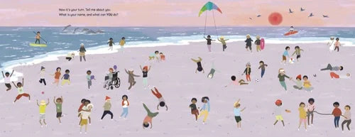 Illustration of a beach scene with people engaged in various activities.