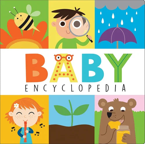 Cover of 'Baby Encyclopedia' with colorful squares featuring illustrations of a bee, child, umbrella, plant, and bear.