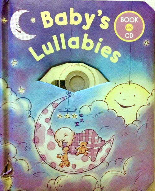 Cover of 'Baby's Lullabies' book and CD with a baby sleeping on a moon, stars, and clouds.