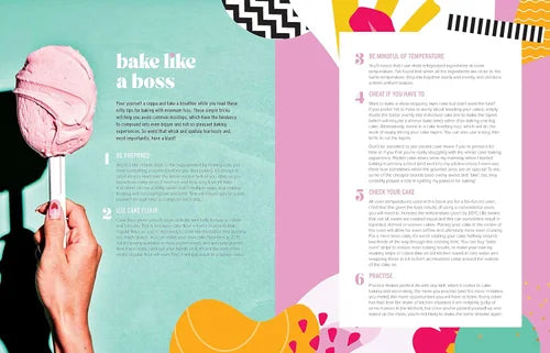 Colorful magazine layout with a pink ice cream lollipop and text on a multicolored background