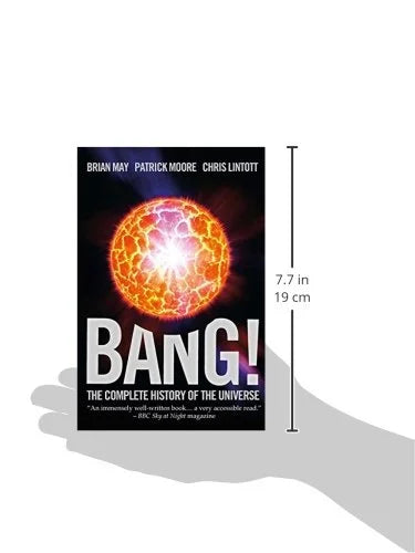 Book titled 'BANG! The Complete History of the Universe' held by a hand with dimensions indicated.