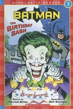 Book cover of 'Batman: The Birthday Bash' featuring the Joker and Batman with a birthday cake and candles.