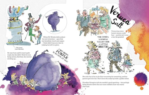 Illustrated book page with colorful characters and text on a purple and orange watercolor background.