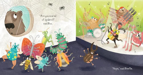 Illustrated book pages with colorful insects and a spider, featuring text.