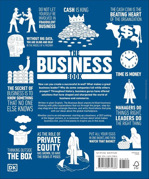 Book cover of 'The Business Book' with various business-related illustrations and text on a blue background.