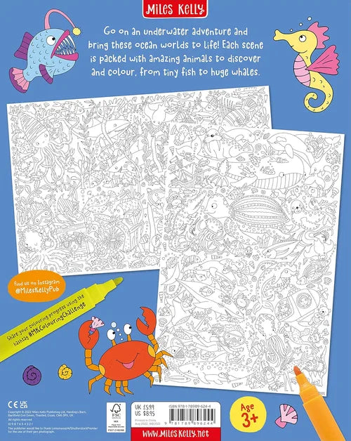 Coloring book page with underwater animals and a marker on a blue background