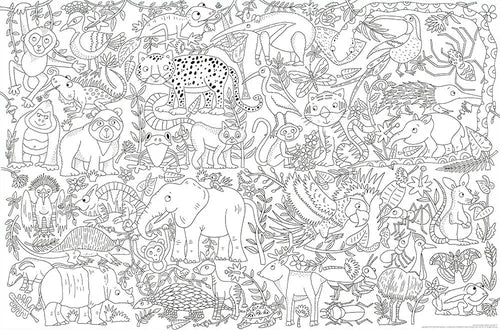 Coloring book page with various animals in black and white.