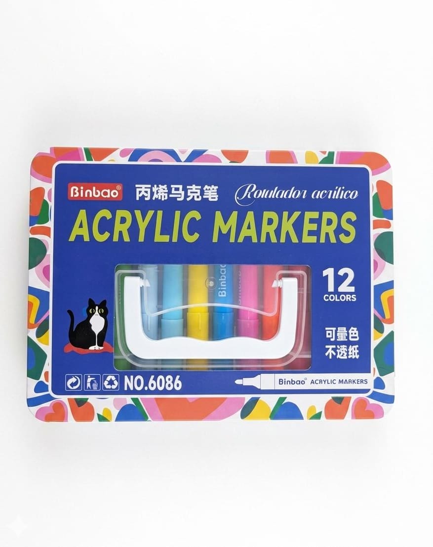 Box of Binbao acrylic markers with colorful design on a white background