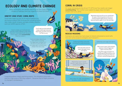 Educational page about ecology and climate change, focusing on coral reefs and rescue missions.