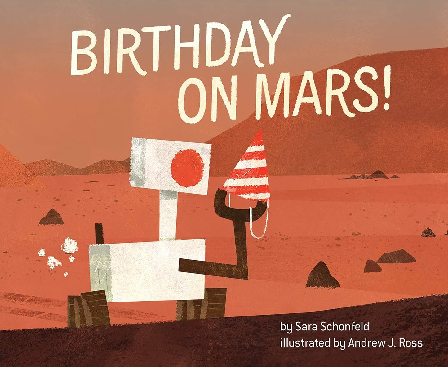 Book cover of 'Birthday on Mars!' with a character on Mars holding a flag.