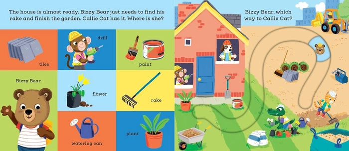 Children's book page with a bear character and gardening scene