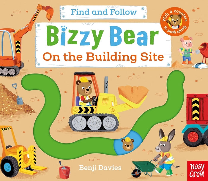 Book cover of 'Find and Follow Bizzy Bear On the Building Site' with a bear on a bulldozer and construction vehicles.